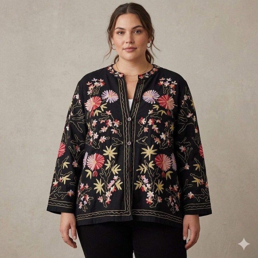 Vermont Country Store Floral Embroidered Jacket 3X Linen Blend Cottagecore New